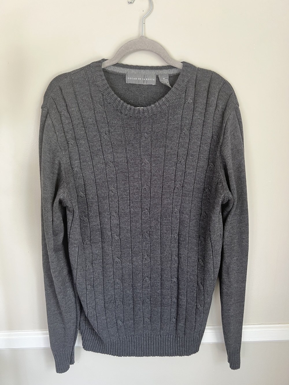 Oscar de la Renta Men's Sweater Gray Size M Cable Knit Crewneck Cotton Blend